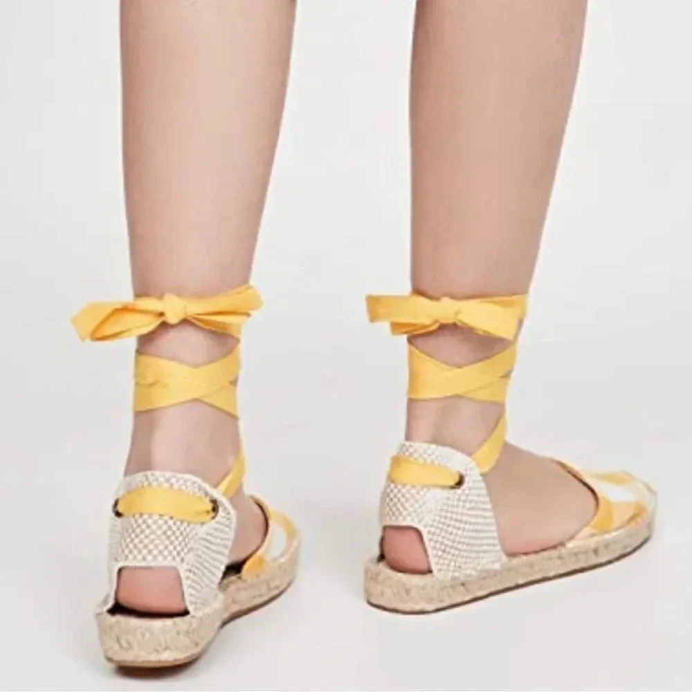 Soludos Lauren Espadrilles Size 7 Plaid Marigold Ankle Wrap Ties Jute EUC
